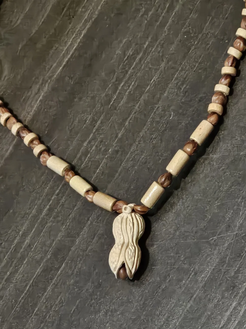 Handcrafted Brown and Beige Wooden Beaded Carved Peanut Necklace